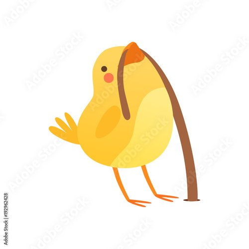 Cute baby chicken catching a worm, funny cartoon bird character vector Illustration isolated on a white background
