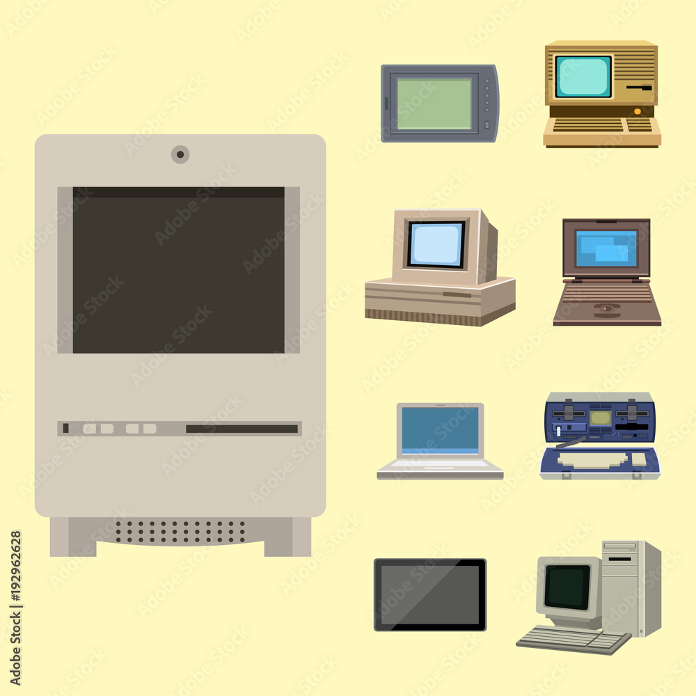 Computer technology vector evolution display telecommunication equipment metal pc monitor frame modern office network. Computer technology vector evolution display telecommunication equipment metal pc monitor frame modern office network.