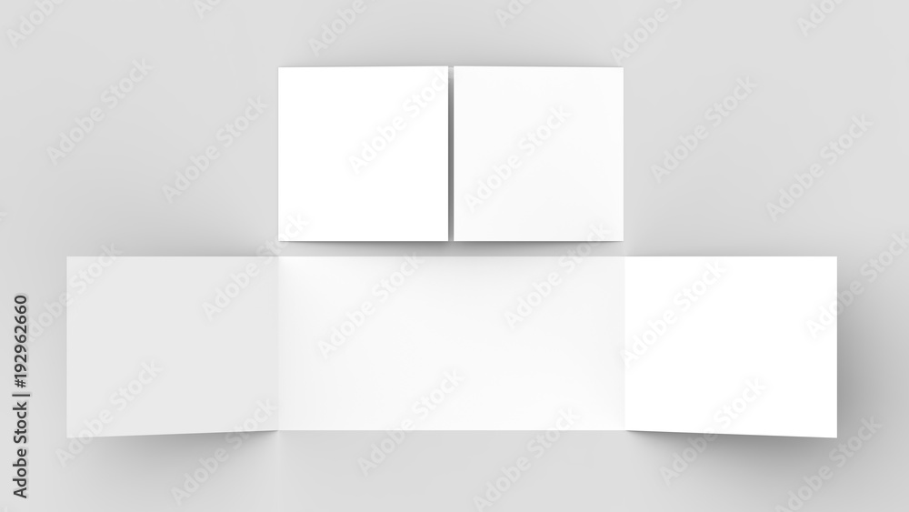 Horizontal - landscape gate fold brochure mock up isolated on soft gray background. 3D illustrating. Horizontal - landscape gate fold brochure mock up isolated on soft gray background. 3D illustrating.