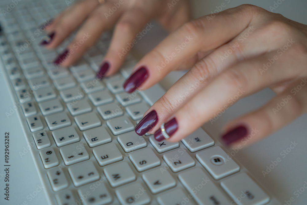Female hands on a computer keyboard close-up. Woman working on computer Female hands on a computer keyboard close-up. Woman working on computer