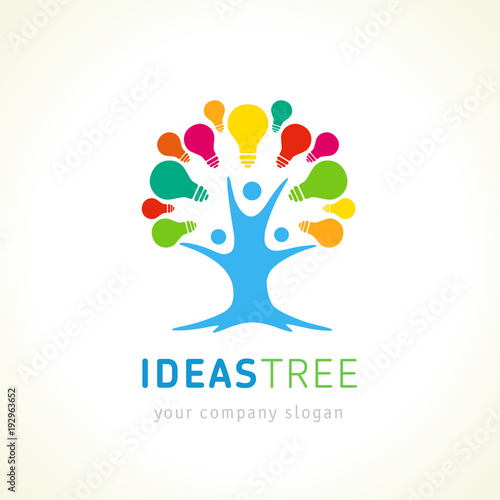 Ideas tree logo, human tree creative vector template. New idea symbol with people tree concept and stylized colorful lightbulbs