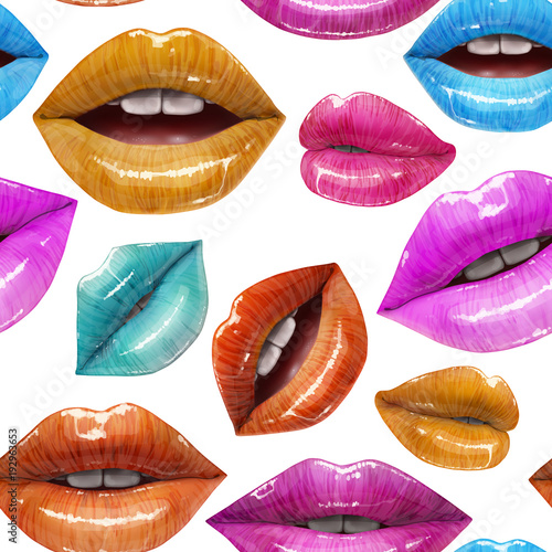 Seamless pattern of colorful sexy lips. Vector lipstick or lip gloss 3d realistic design. Fashion illustration