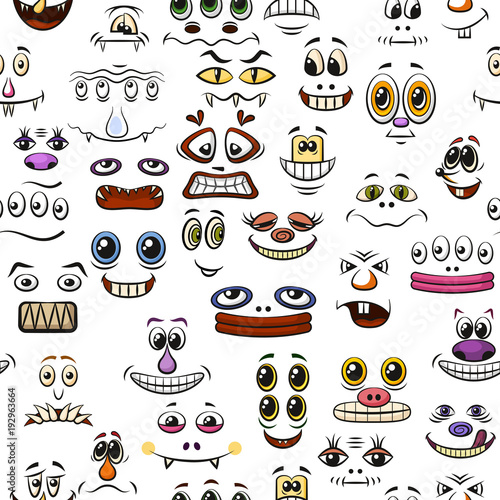 Seamless Background with Monster Faces, Different Eyes, Mouths, Teeth and Noses, Colorful Tile Pattern for Your Design with Cute Funny Cartoon Mugs. Vector