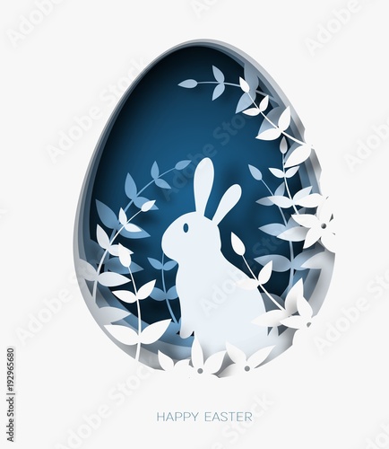 3d abstract paper cut illustration of colorful paper art easter rabbit, grass, flowers and blue egg shape.