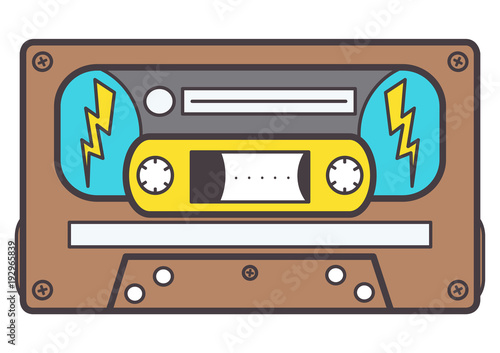 Retro music cassette with rock lightning decoration, isolated vector design on white background
