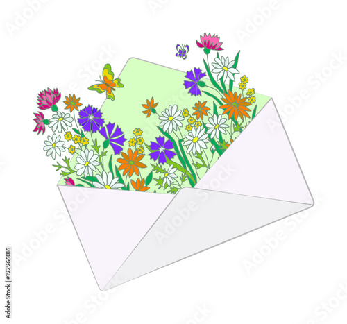 Flowers and butterflies in white envelope. Spring card.