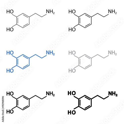 Dopamine molecular structural chemical formula set. Vector icon.