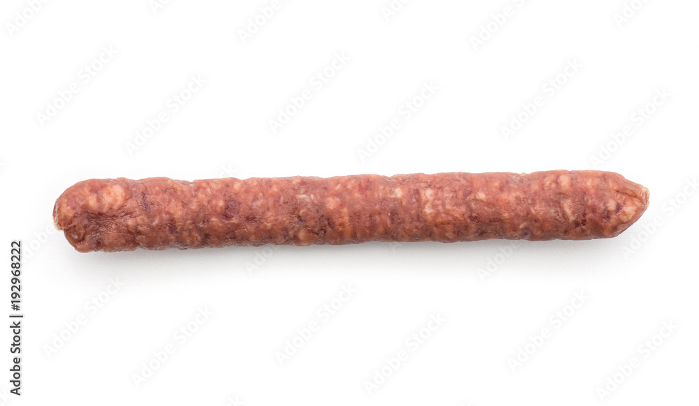 Hungarian dry sausage pepperoni top view isolated on white background one smoked in natural casing mixed pork and beef. Hungarian dry sausage pepperoni top view isolated on white background one smoked in natural casing mixed pork and beef.