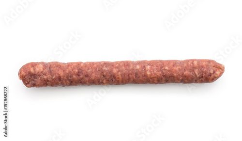 Hungarian dry sausage pepperoni top view isolated on white background one smoked in natural casing mixed pork and beef.