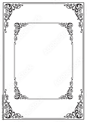 Ornate black rectangular frames. A4 and Letter proportions. Page decoration, corner element. 