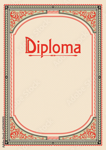 Ornate rectangular framework. A4 proportions. Lettering Diploma. Book cover decoration, icon case, template for certificate, diploma, announcement.