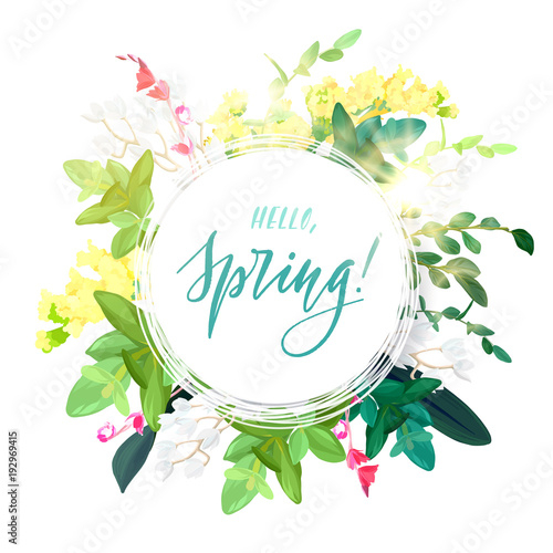 A round frame of spring flowers, leaves and green plant branches, eucalyptus and succulents. Round decorative design flyer or banner with space for text. Effect of sun rays. Vector illustration.
