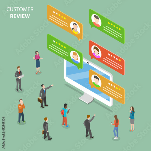 Customer review flat isometric vector concept. Speech bubbles with customer comments are popping out from the PC monitor. People around it are discussing them.