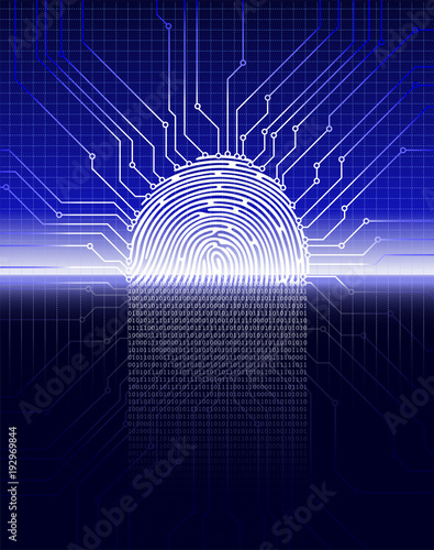 Fingerprint scanning, digital biometric security system, data protection, dark blue background, vector illustration