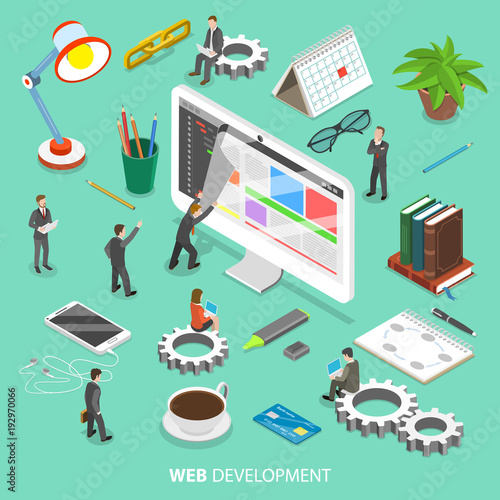 Web development flat isometric vector concept. People are taking off the web page that looks like paper sheet to see and change its programing code.