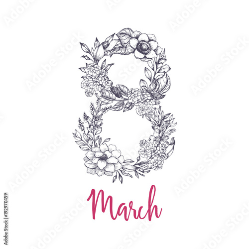 8 March, International Women's Day greeting card. The figure eight made of flowers. Vector illustration