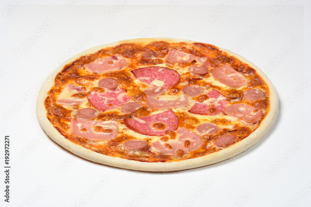 Pizza with smoked sausage, sausage and mozzarella on a white background