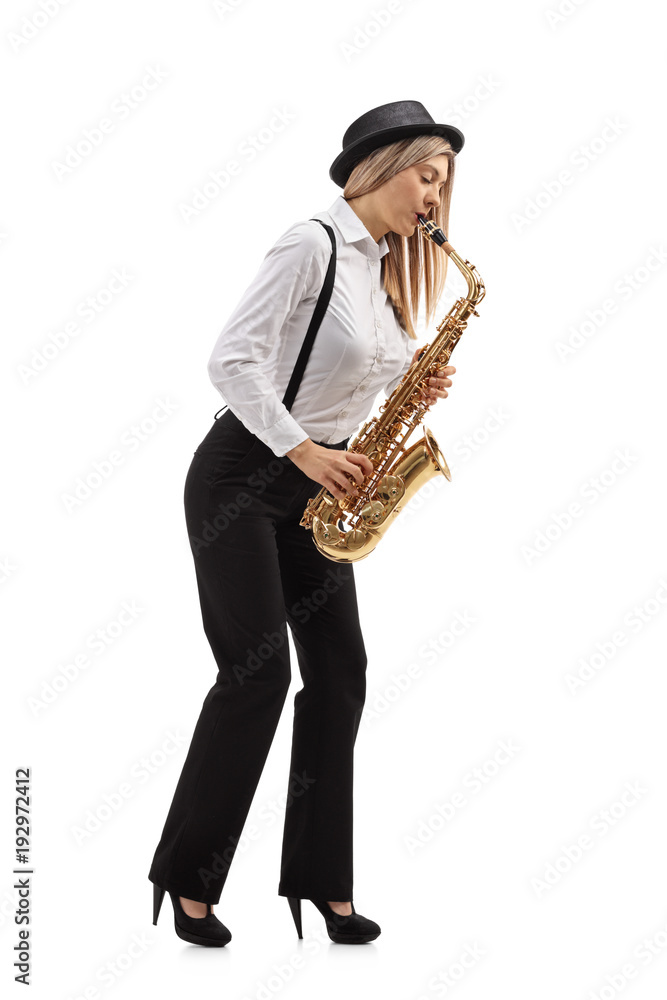 Naklejka premium Female jazz musician playing a saxophone
