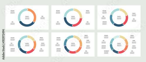 Business infographics. Circles with 3, 4, 5, 6, 7, 8 steps, arrows. Vector templates.