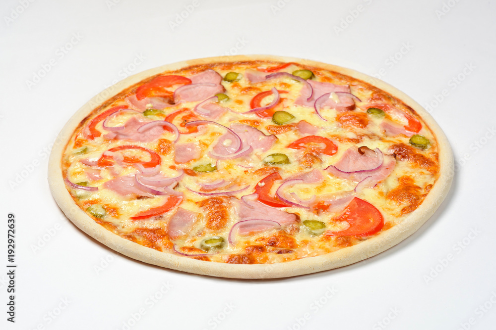 Pizza with gherkins, cheese and carbonate on a white background