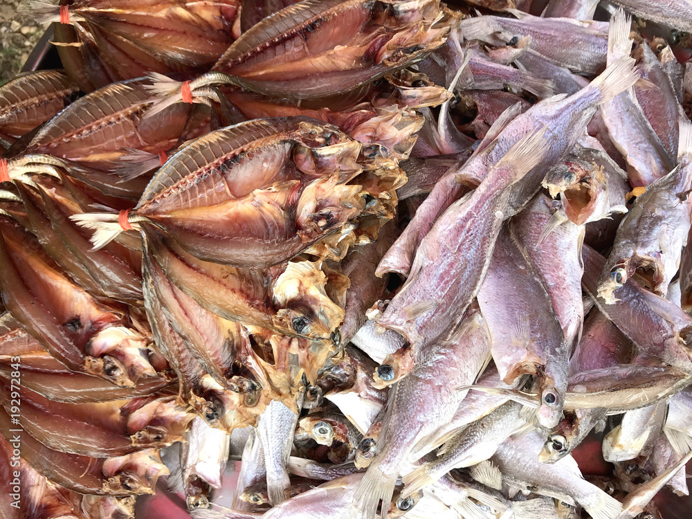 Dried fish in pieces in market. Phuket Thailand.