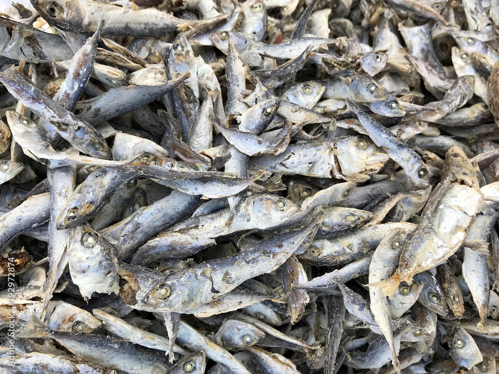 Dried fish in pieces in market. Phuket Thailand.