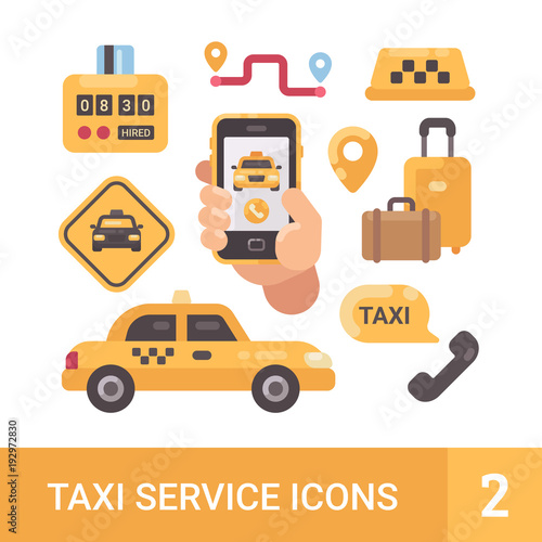 Set of taxi service flat icons. Car, luggage, taximeter, mobile app