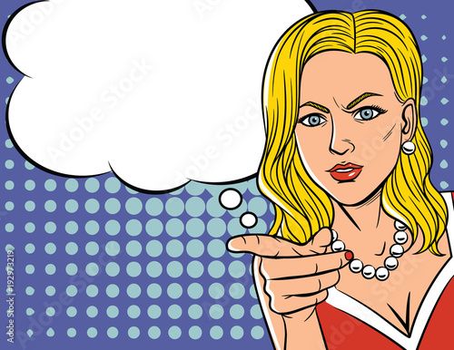 Vector illustration of woman's face in pop art style over dot pattern background. Pretty emotional woman in retro style is angry