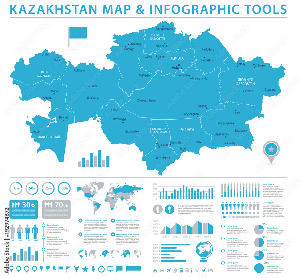 Kazakhstan Map - Info Graphic Vector Illustration Kazakhstan Map - Info Graphic Vector Illustration