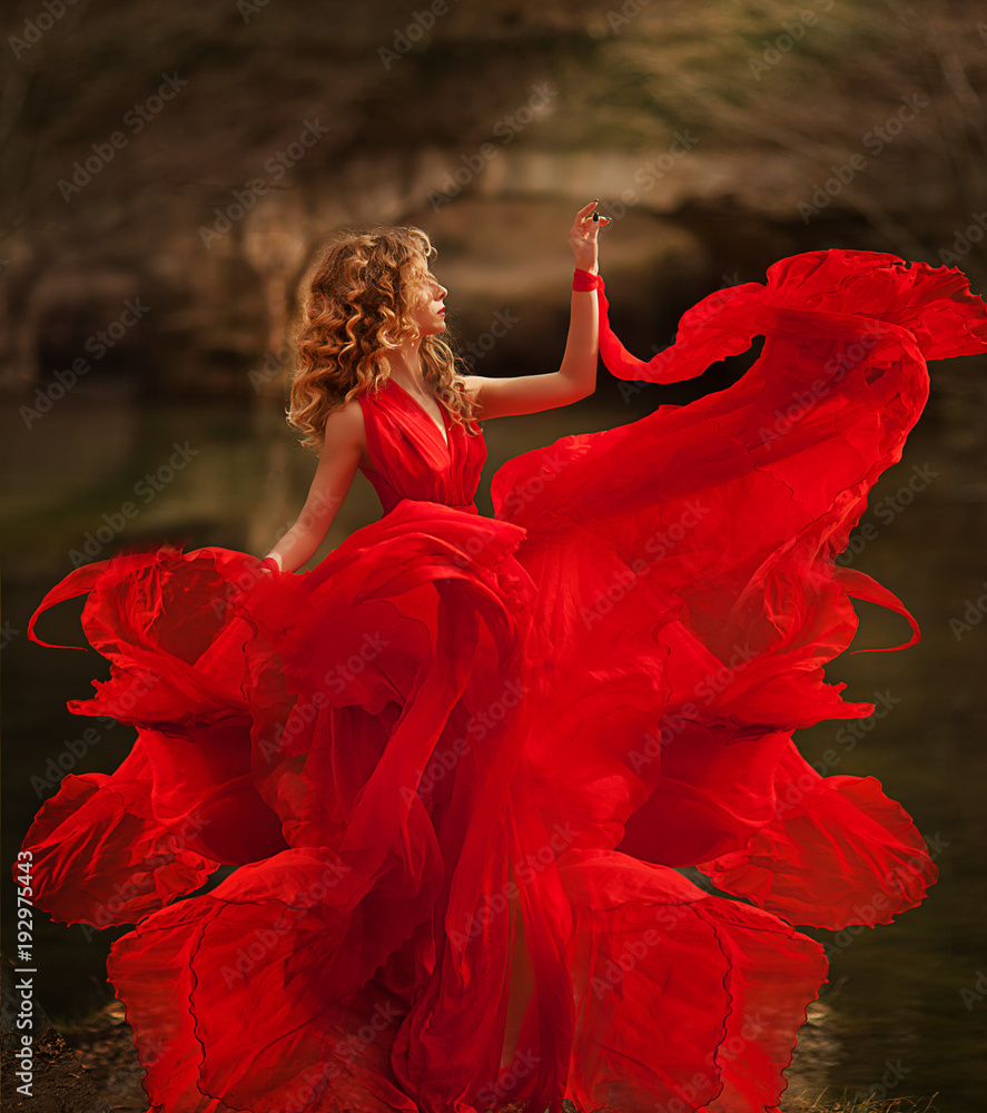 Woman in Red Dress, Lady Fantasy Gown Flying and Waving, Hair Blowing on  Wind Stock Photo | Adobe Stock