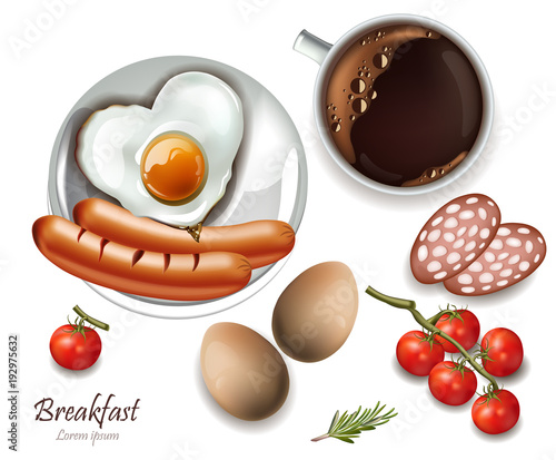Healthy breakfast Vector. coffee and eggs with sausage top views