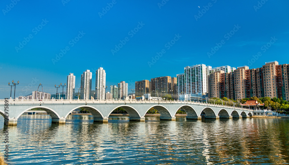 Fototapeta premium Lek Yuen Bridge, a pedestrian footbridge in Sha Tin, Hong Kong