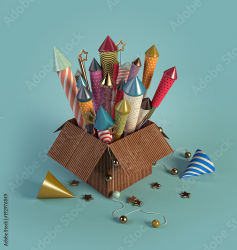 Cardboard Container With Multicolored Rocket Fireworks. 3d rendering. Celebration concept.