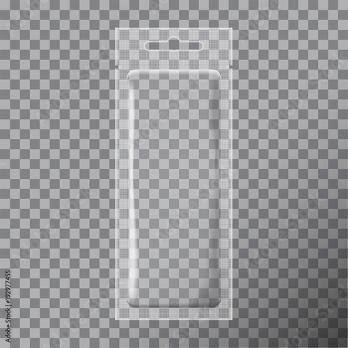 Transparent foil bag packaging for food, snack, coffee, cocoa, sweets, crackers, nuts, chips. Vector plastic pack mock up