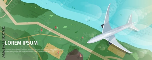 Horizontal banner with airplane flying above seashore or ocean coast, road and houses, aerial view. Flight of passenger airliner and place for text. Modern colorful vector illustration in flat style.