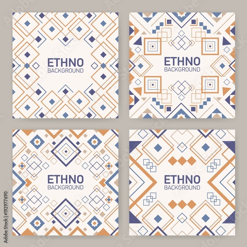 Collection of square backgrounds with traditional geometric Aztec ornaments, decorative frames or borders. Bundle of backdrops with colorful tribal motifs. Vector illustration in ethnic style.