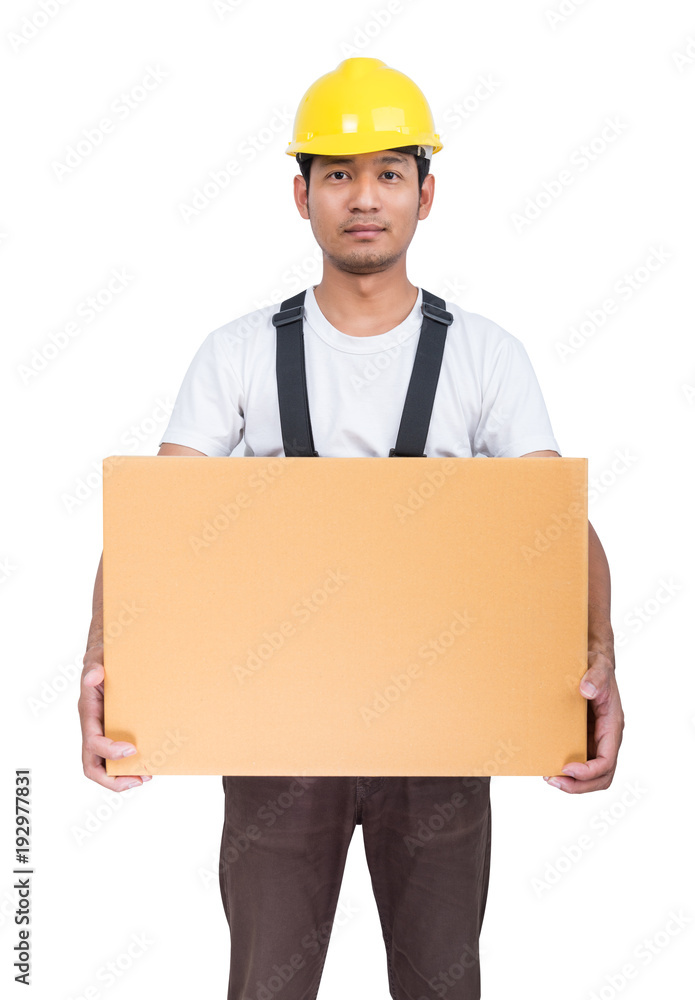 Smiling man lifts a cardboard box wearing back support belt Smiling man lifts a cardboard box wearing back support belt