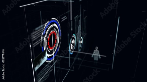 4K 3D Animation of user interface HUD moving on dark background for cyber futuristic concept with grain processed photo