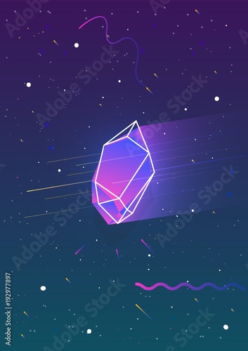 Abstract vertical backdrop with glowing gradient colored faceted crystal and its outline against beautiful night sky full of stars on background