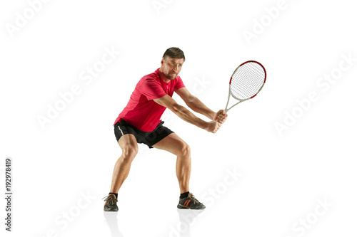 one caucasian man playing tennis player isolated on white background