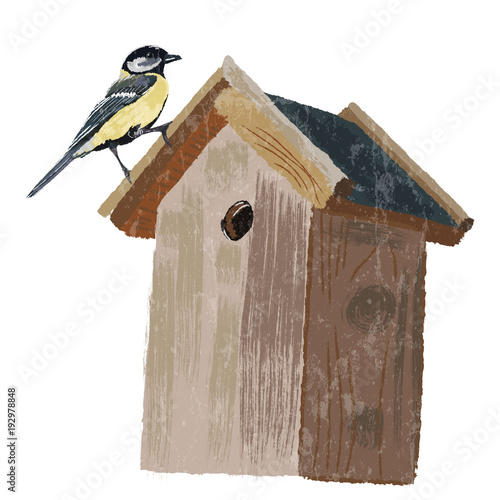 Great tit sitting on the roof of a wooden birdhouse. Vector painted in watercolor.