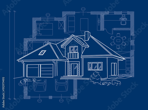 Linear architectural project of detached house - vector illustration