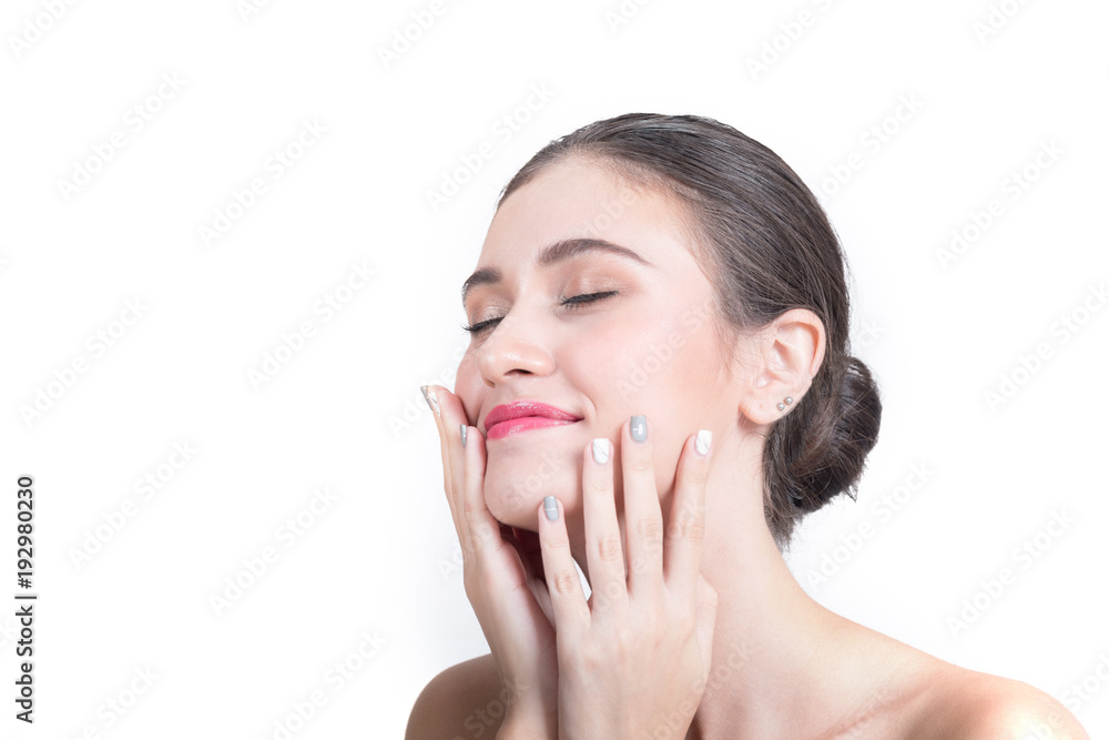 Portrait of Young woman hand pose for facial skin product isolated on white background. Portrait of Young woman hand pose for facial skin product isolated on white background.