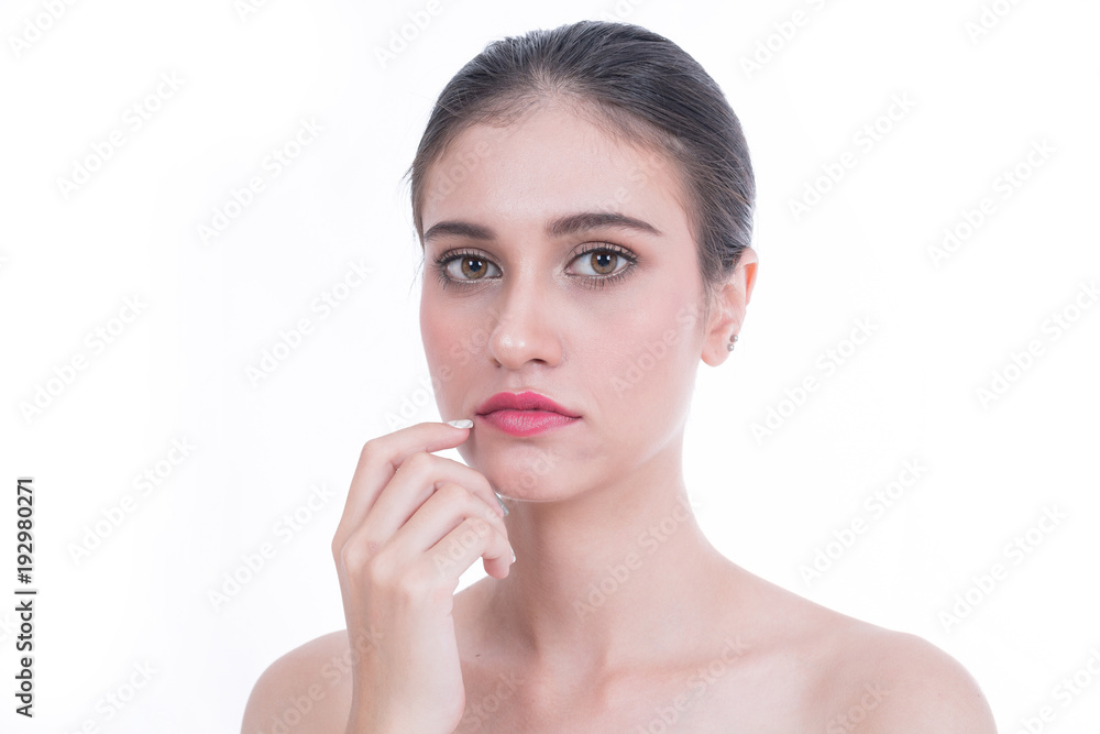 Portrait of Young woman hand pose for facial skin product isolated on white background.