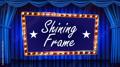 Gold Frame Light Bulbs Vector. Blue Background. Realistic Retro Frame Design Element Board. Marquee Banner. Space For Text. Illustration