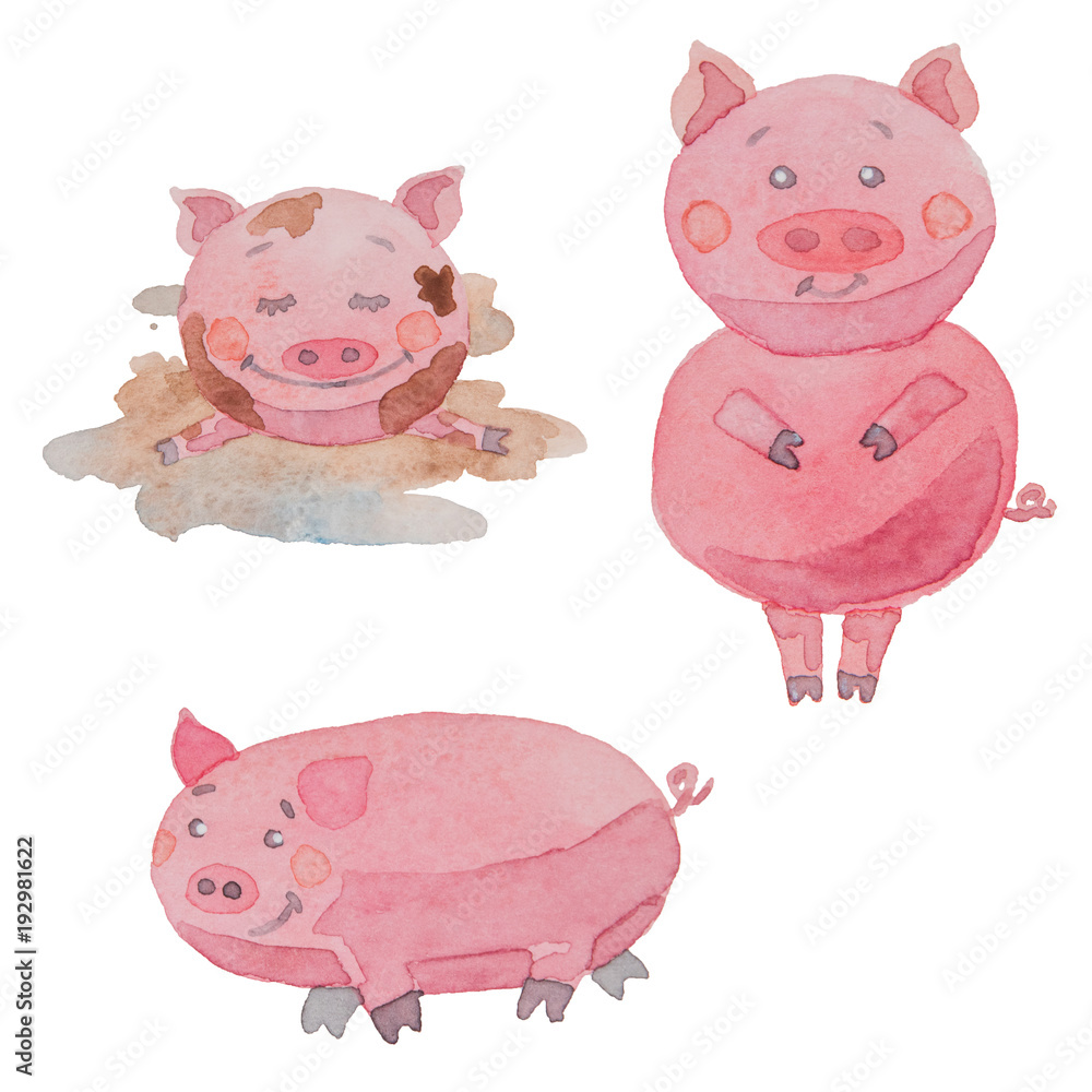 Set of three funny pigs painted in watercolor on a white background Set of three funny pigs painted in watercolor on a white background