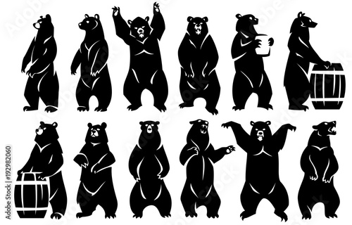 Illustration of bears standing on hind legs. Two bears with barrels. Black silhouette. Isolated on a white background. photo