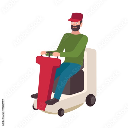 Happy bearded man sitting on lawn mower isolated on white background