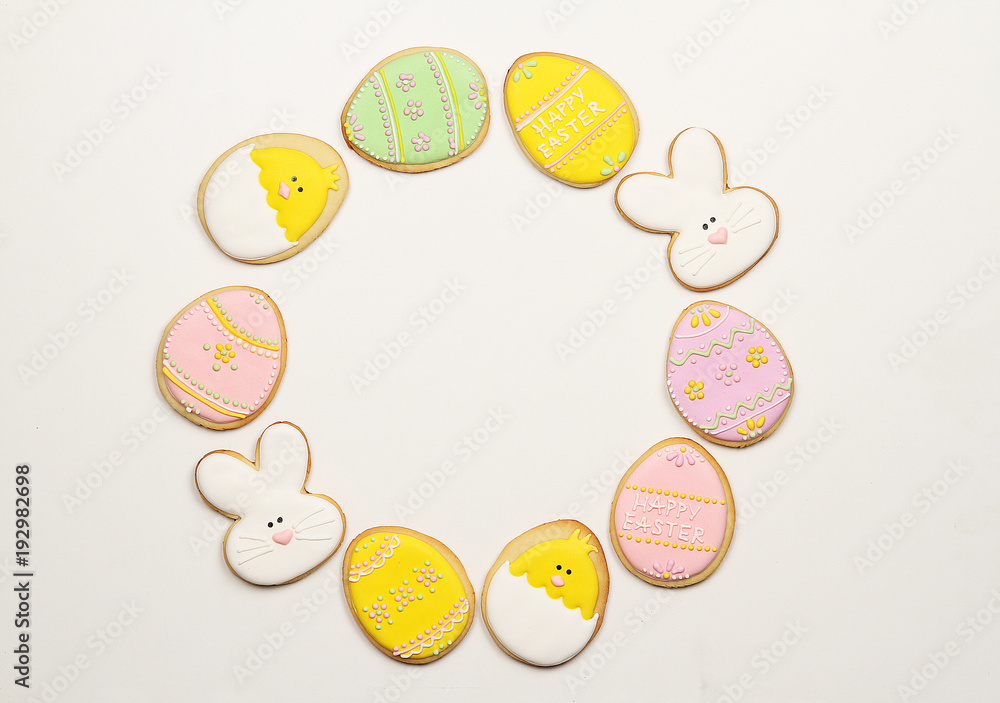 Easter cookie frame on white background