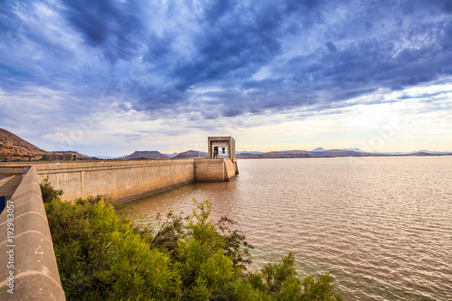 The dam wall at the Gariep dam in South Africa. This is a very large dam which holds a vast amount of water.